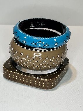 Hand-Painted Dot Bangle Bracelets Set of 3  Round & Square Blue Brown Black JLD